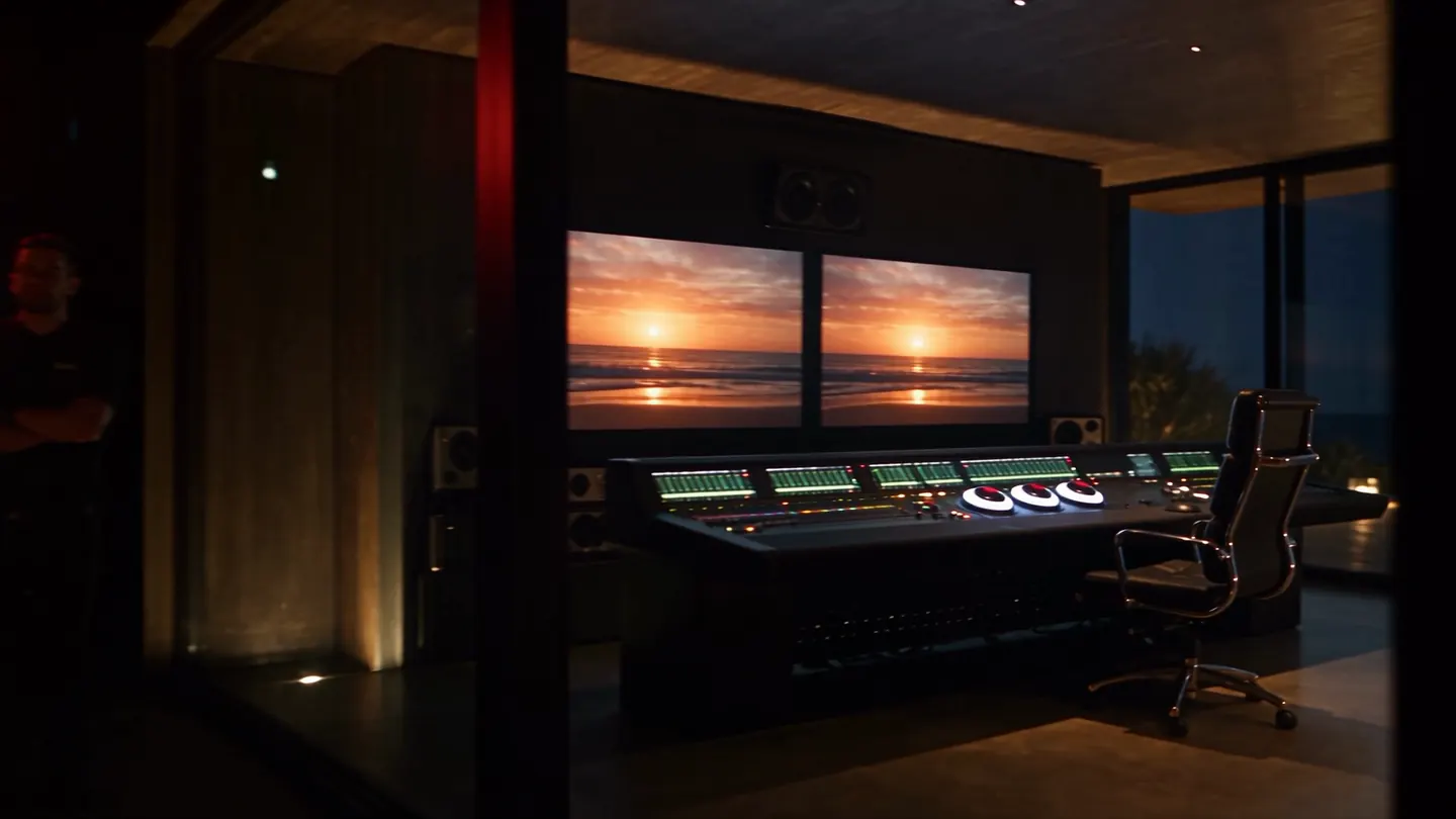 The editing and grading suite: the colour panel, two monitors showing the sea at sunset and a chair.