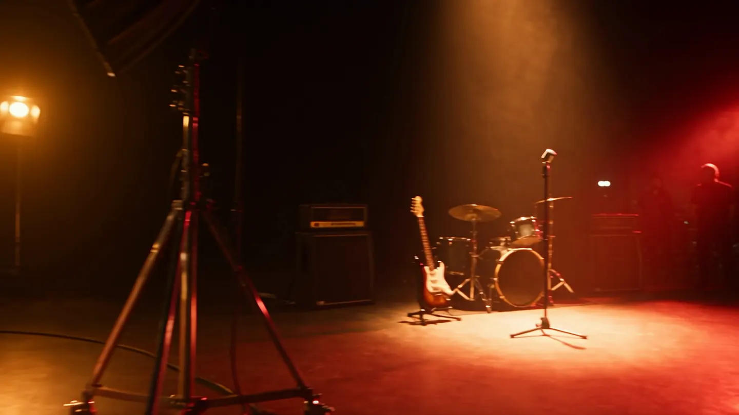 The music set: a microphone, a guitar and a drum kit in red light.